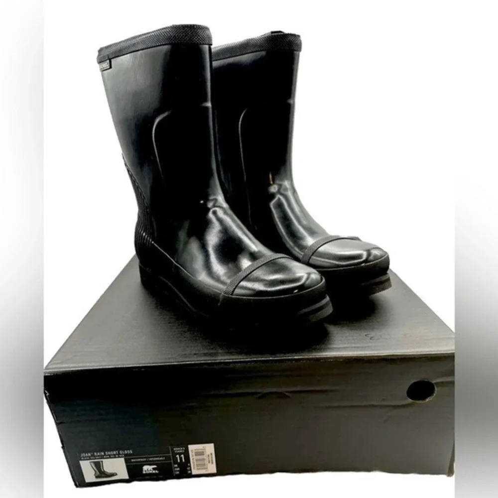 Sorel Joan Rain‎ Short Gloss Black Waterproof Boots 11 Gorpcore Camping 24-23